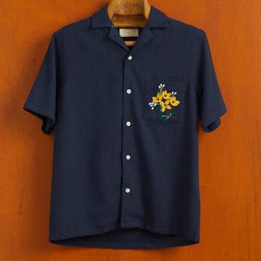 Portuguese F. Pique embroidery Flowers Navy Shirt - KYOTO - Portuguese Flannel