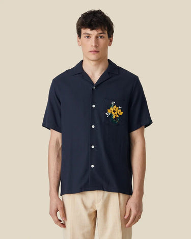 Portuguese F. Pique embroidery Flowers Navy Shirt - KYOTO - Portuguese Flannel