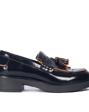 ANGULUS Chunky Penny loafer med frynser og kvastdetalje Black/Light Brown Backside - KYOTO - ANGULUS