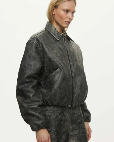 oval square Bold Leather Bomber Jakker Dark Grey Washed - KYOTO - oval square