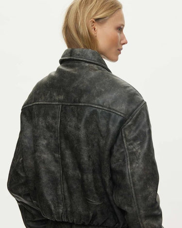 oval square Bold Leather Bomber Jakker Dark Grey Washed - KYOTO - oval square