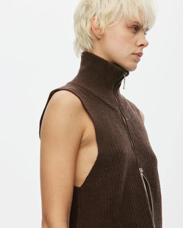 oval square Fave Knit Zip Vest Dark Oak - KYOTO - oval square