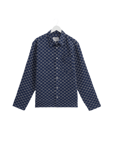 Wax London BRETON OVERSHIRT GRID STITCH INDIGO / ECRU - KYOTO - Wax London