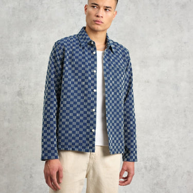 Wax London BRETON OVERSHIRT GRID STITCH INDIGO / ECRU - KYOTO - Wax London