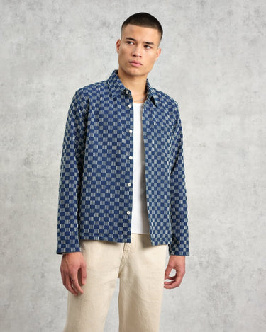 Wax London BRETON OVERSHIRT GRID STITCH INDIGO / ECRU - KYOTO - Wax London