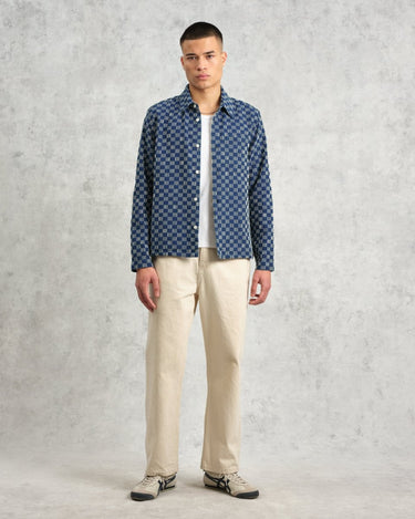 Wax London BRETON OVERSHIRT GRID STITCH INDIGO / ECRU - KYOTO - Wax London