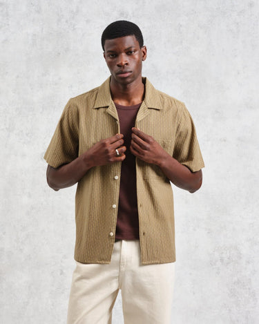 Wax London DIDCOT SS SHIRT W. PKT SLUB STRIPE KHAKI - KYOTO - Wax London