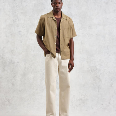 Wax London DIDCOT SS SHIRT W. PKT SLUB STRIPE KHAKI - KYOTO - Wax London