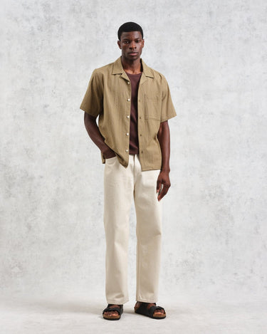 Wax London DIDCOT SS SHIRT W. PKT SLUB STRIPE KHAKI - KYOTO - Wax London