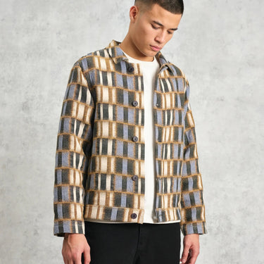 Wax London IGGY JACKET BLURRED GRID BEIGE / BLUE - KYOTO - Wax London