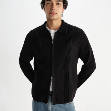 Wax London LENNOX ZIP POLO MILANO RIPPLE STRIPE BLACK - KYOTO - Wax London