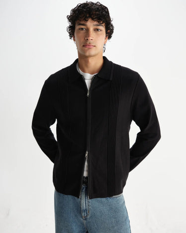 Wax London LENNOX ZIP POLO MILANO RIPPLE STRIPE BLACK - KYOTO - Wax London