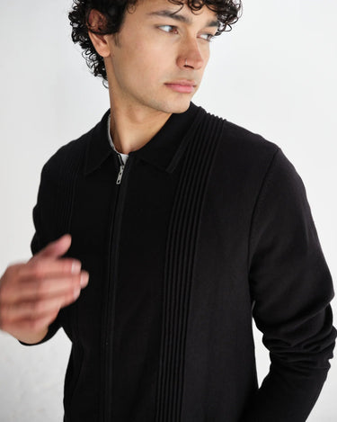Wax London LENNOX ZIP POLO MILANO RIPPLE STRIPE BLACK - KYOTO - Wax London