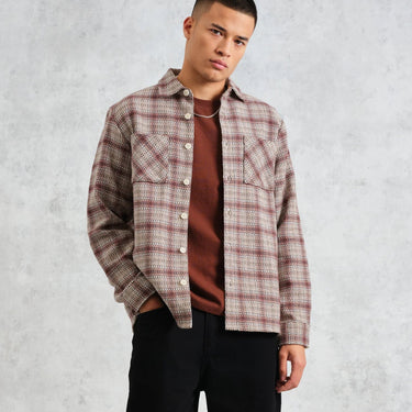 Wax London WHITING OVERSHIRT BASKET CHECK ECRU/BURGUNDY - KYOTO - Wax London