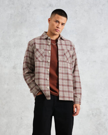 Wax London WHITING OVERSHIRT BASKET CHECK ECRU/BURGUNDY - KYOTO - Wax London