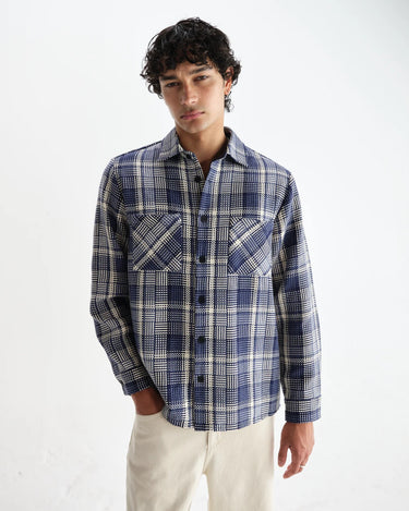 Wax London WHITING OVERSHIRT BASKET WEAVE BLUE / ECRU - KYOTO - Wax London
