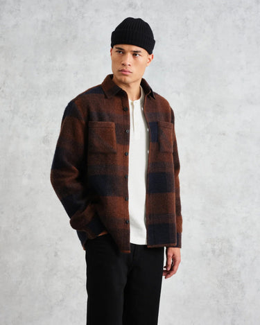 Wax London WHITING OVERSHIRT MOHAIR CHECK BROWN/BLUE - KYOTO - Wax London